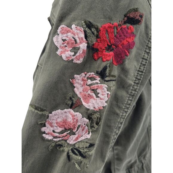 Olive Green Canvas Military Utility Jacket w/ Floral Embroidery, Size S - Picture 3 of 7